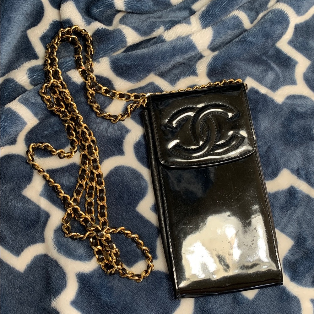 Chanel Black Patent Leather 24k Chain Front Flap Snap Micro Mini Crossbody Bag